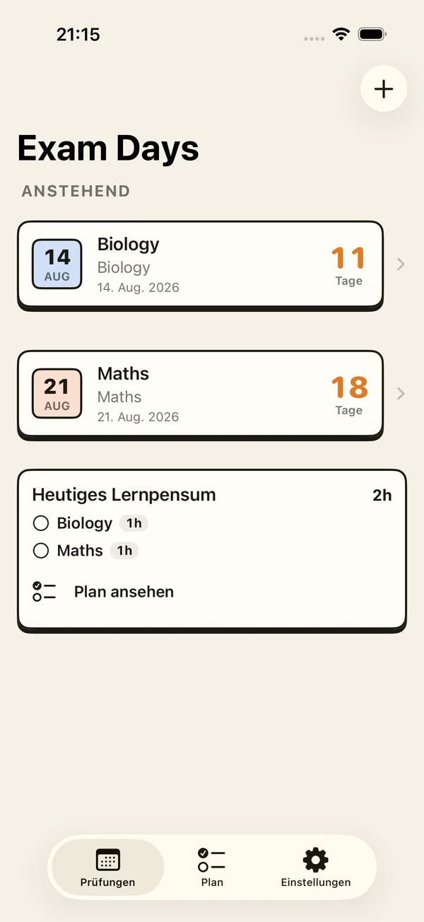 Exam Days Prüfungsliste mit Countdowns und heutigen Lernaufgaben