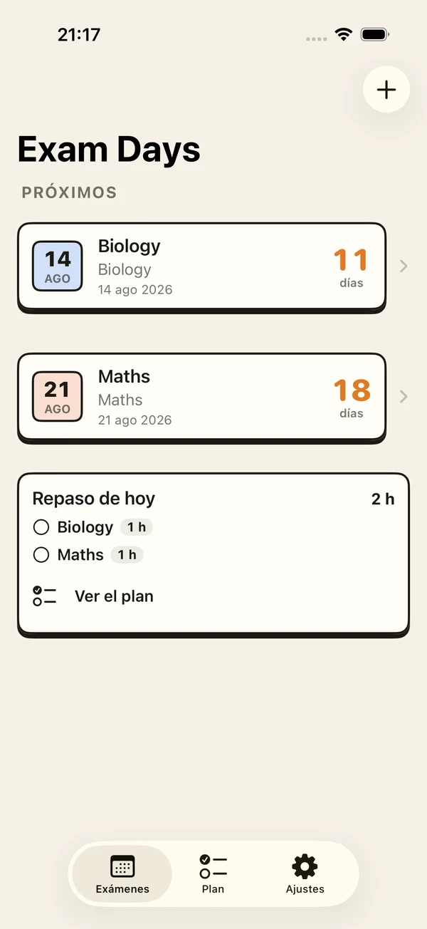 Lista de exámenes de Exam Days con cuentas atrás y tareas de repaso para hoy