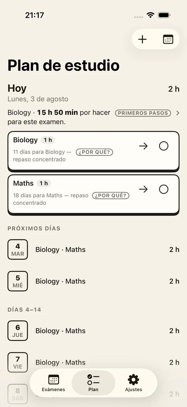 Plan de estudio de Exam Days mostrando el repaso de hoy y las próximas sesiones