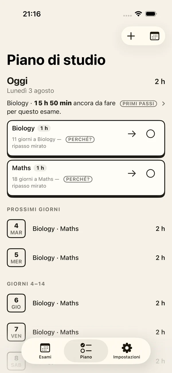 Piano di studio di Exam Days che mostra il ripasso di oggi e le prossime sessioni