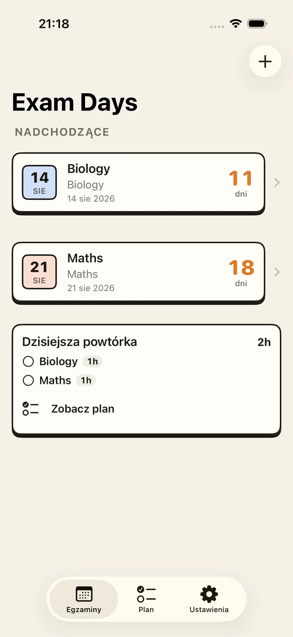 Lista egzaminów w Exam Days z odliczaniem i dzisiejszymi zadaniami