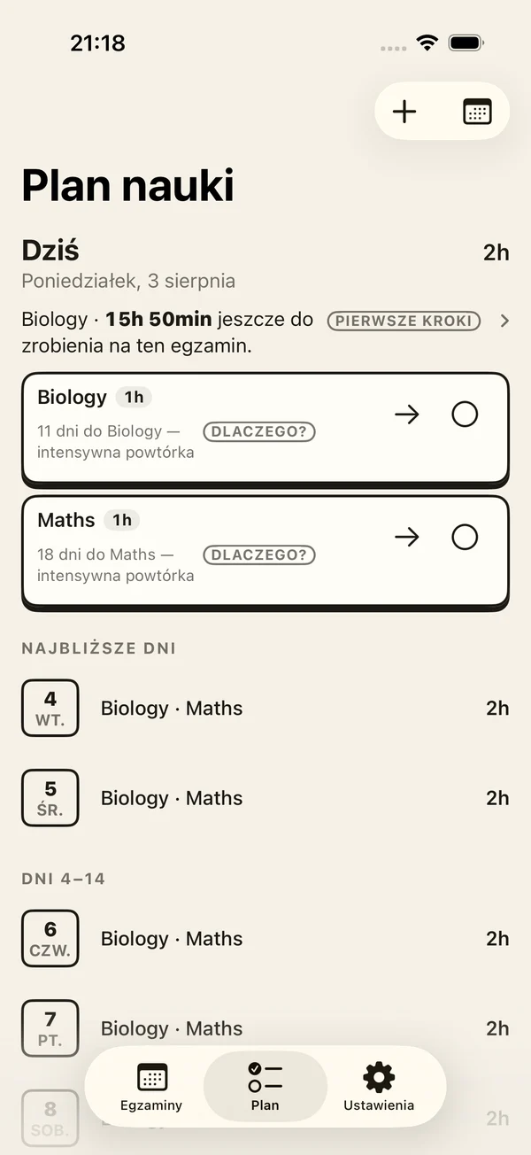 Plan nauki w Exam Days pokazujący dzisiejsze powtórki i nadchodzące sesje